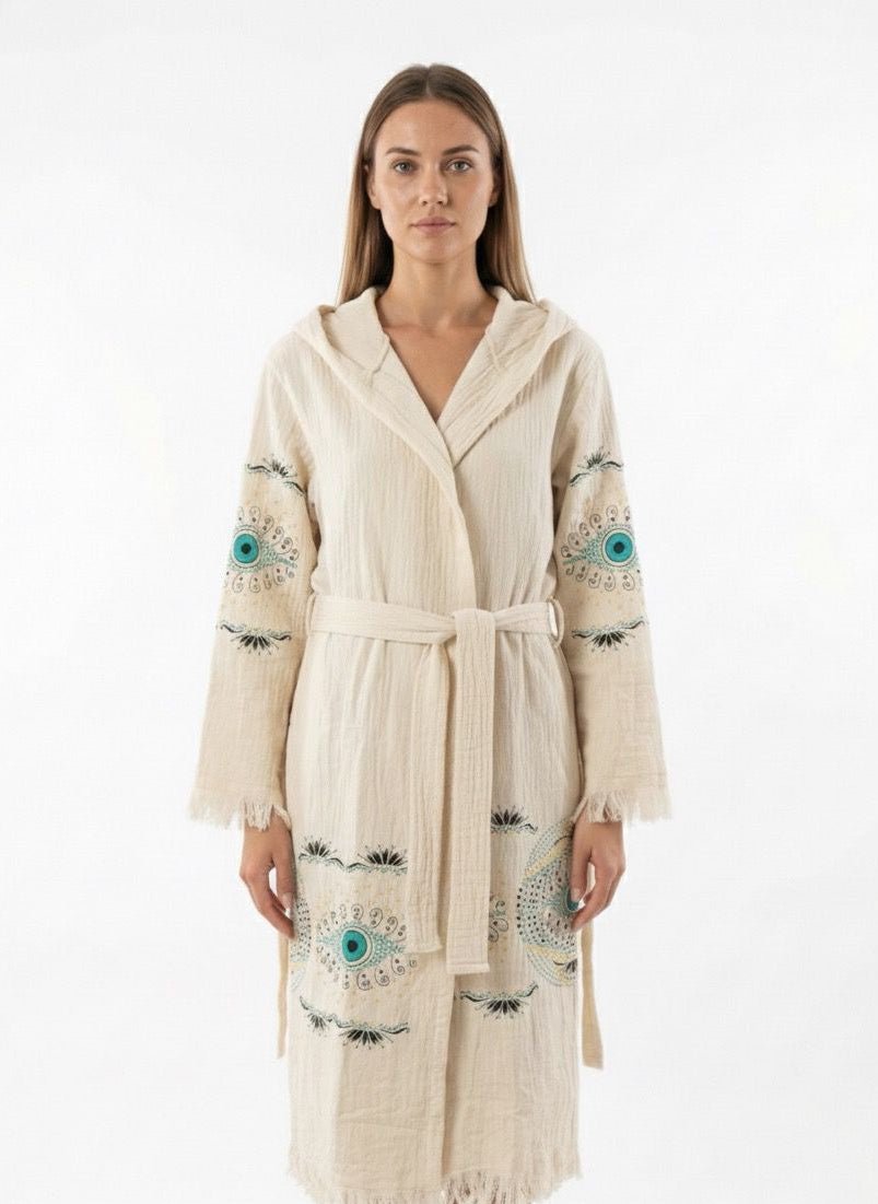 Turquoise Guardian – Çift Katlı Müslin Bornoz | %100 pamuk müslin | el baskı desen | Buldan Culture