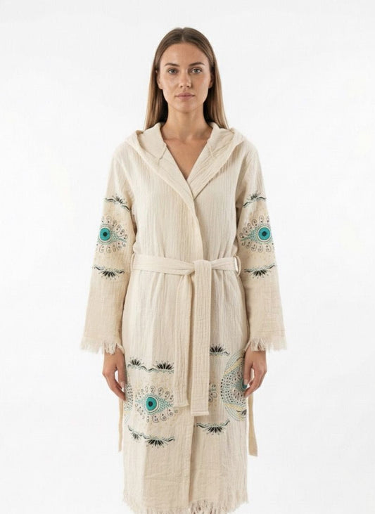 Turquoise Guardian – Çift Katlı Müslin Bornoz | %100 pamuk müslin | el baskı desen | Buldan Culture