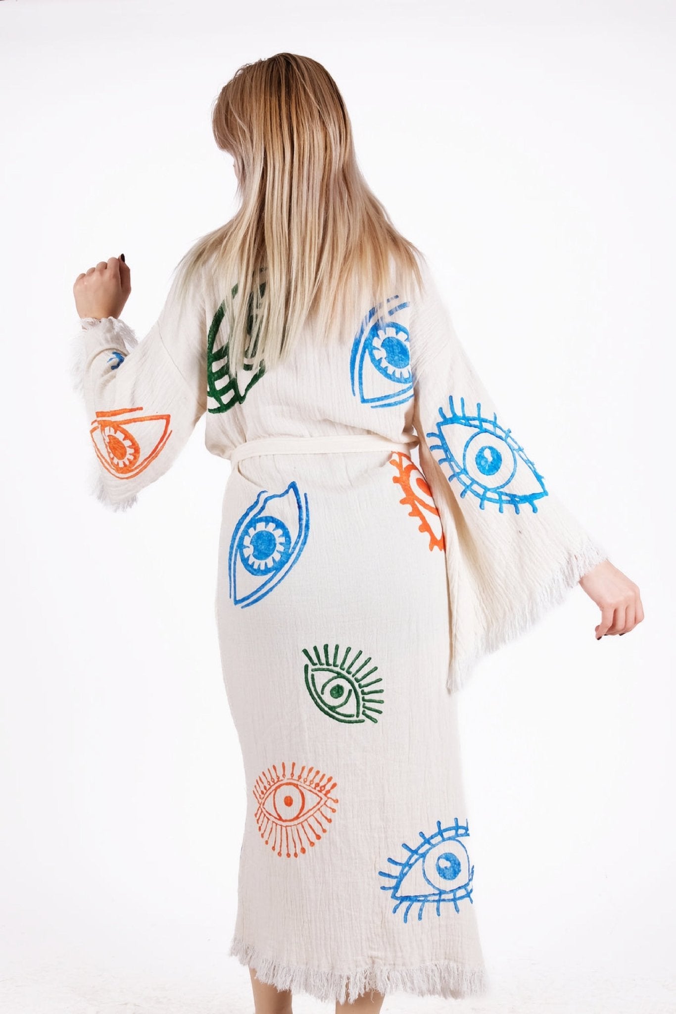 Vibrant Eye Multicolor Çift Kat Müslin Kimono | %100 pamuk müslin | el baskı desen | Buldan Culture