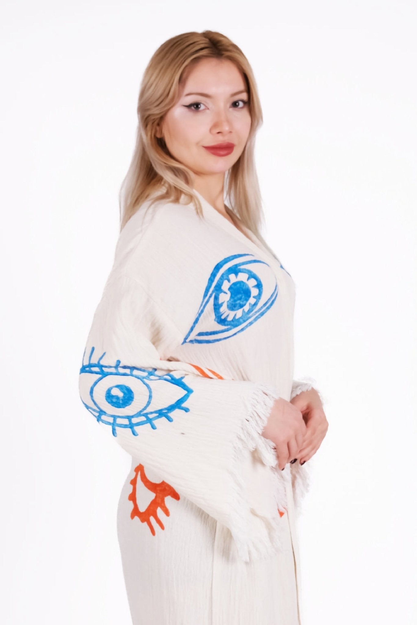 Vibrant Eye Multicolor Çift Kat Müslin Kimono | %100 pamuk müslin | el baskı desen | Buldan Culture