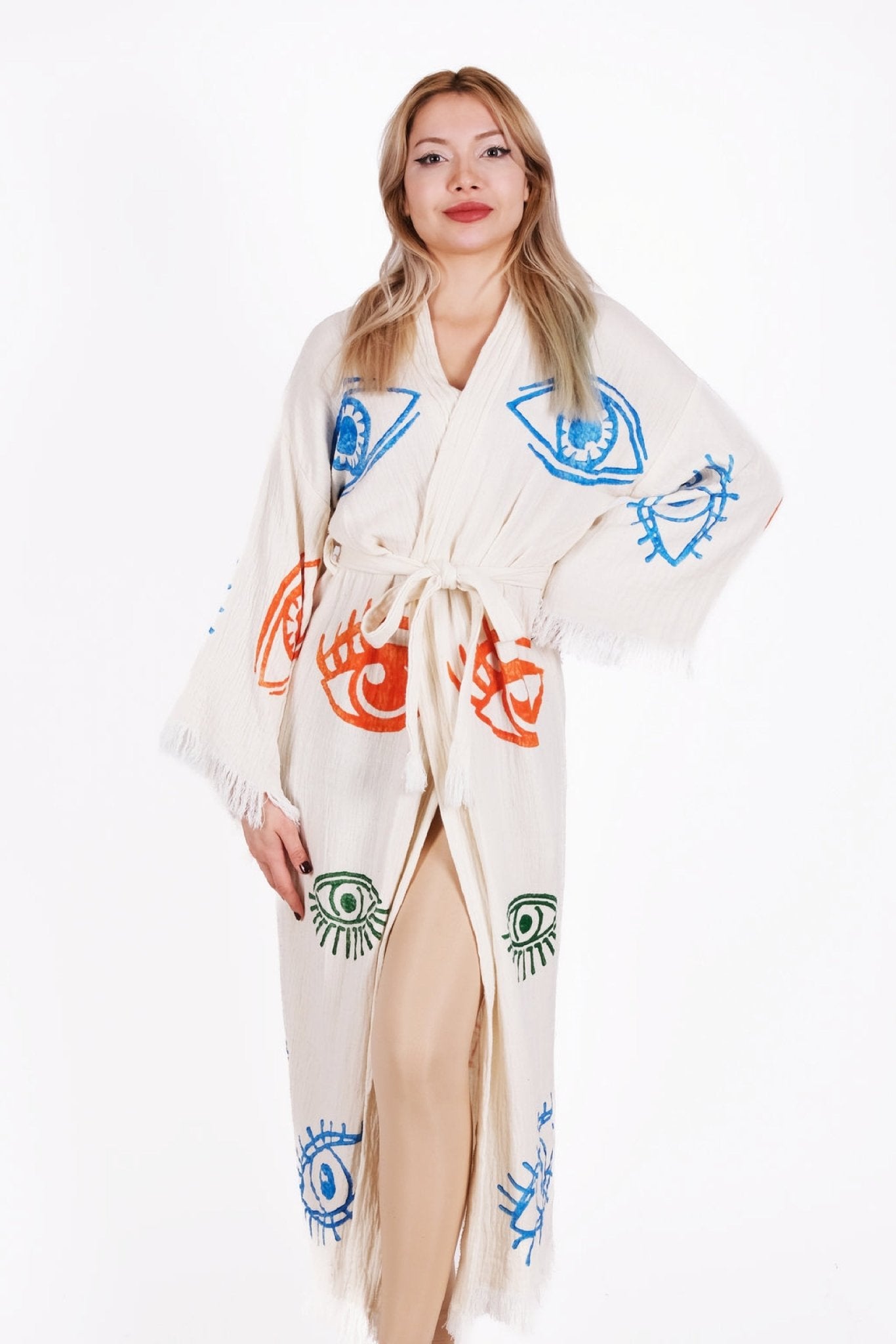 Vibrant Eye Multicolor Çift Kat Müslin Kimono | %100 pamuk müslin | el baskı desen | Buldan Culture