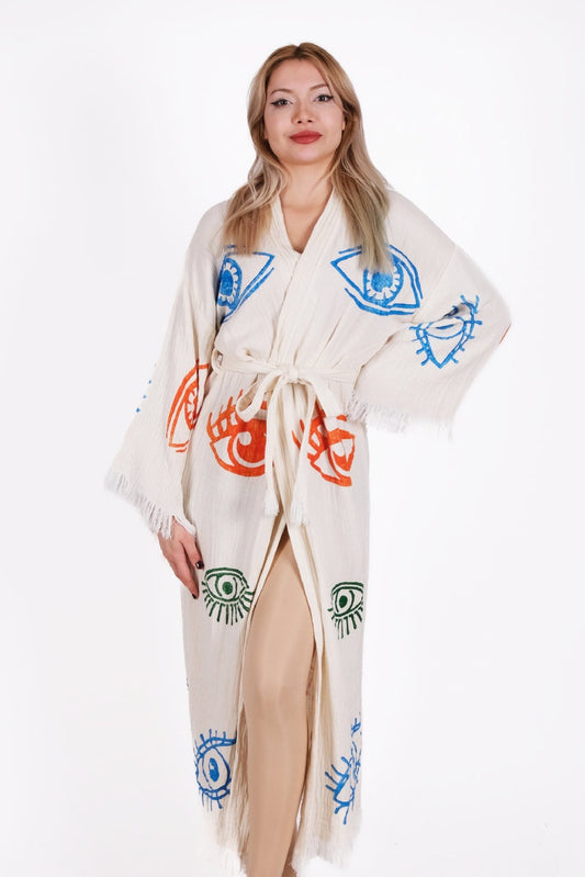 Vibrant Eye Multicolor Çift Kat Müslin Kimono | %100 pamuk müslin | el baskı desen | Buldan Culture