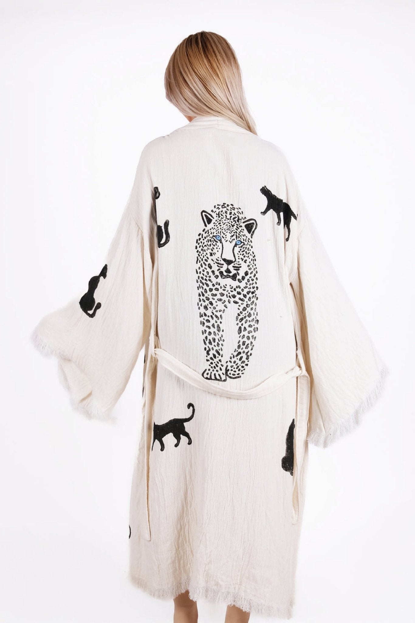 Wild Panther Cream Çift Kat Müslin Kimono | %100 pamuk müslin | el baskı desen | Buldan Culture