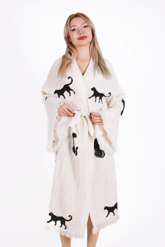 Wild Panther Cream Çift Kat Müslin Kimono | %100 pamuk müslin | el baskı desen | Buldan Culture