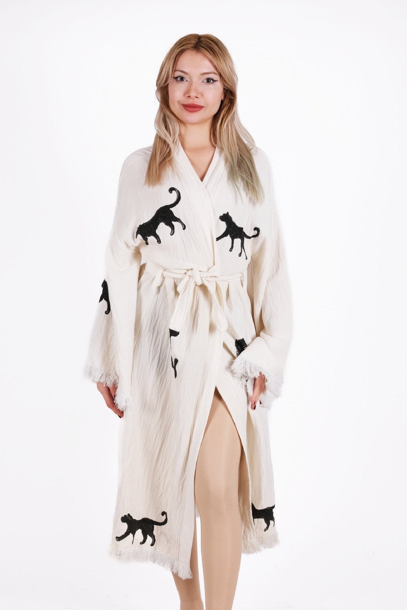 Wild Panther Cream Çift Kat Müslin Kimono | %100 pamuk müslin | el baskı desen | Buldan Culture