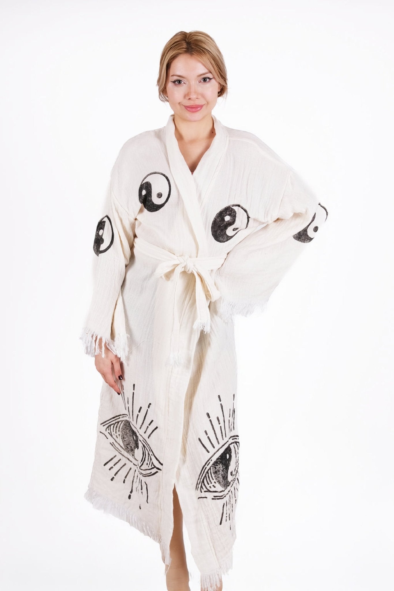 Yin Yang Eye Harmony – Çift Kat Müslin Kimono (El Baskısı) | %100 pamuk müslin | el baskı desen | Buldan Culture