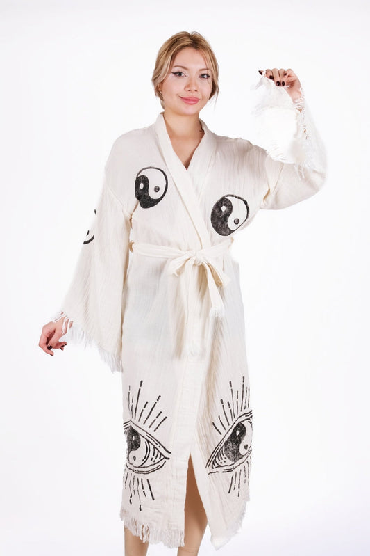 Yin Yang Eye Harmony – Çift Kat Müslin Kimono (El Baskısı) | %100 pamuk müslin | el baskı desen | Buldan Culture