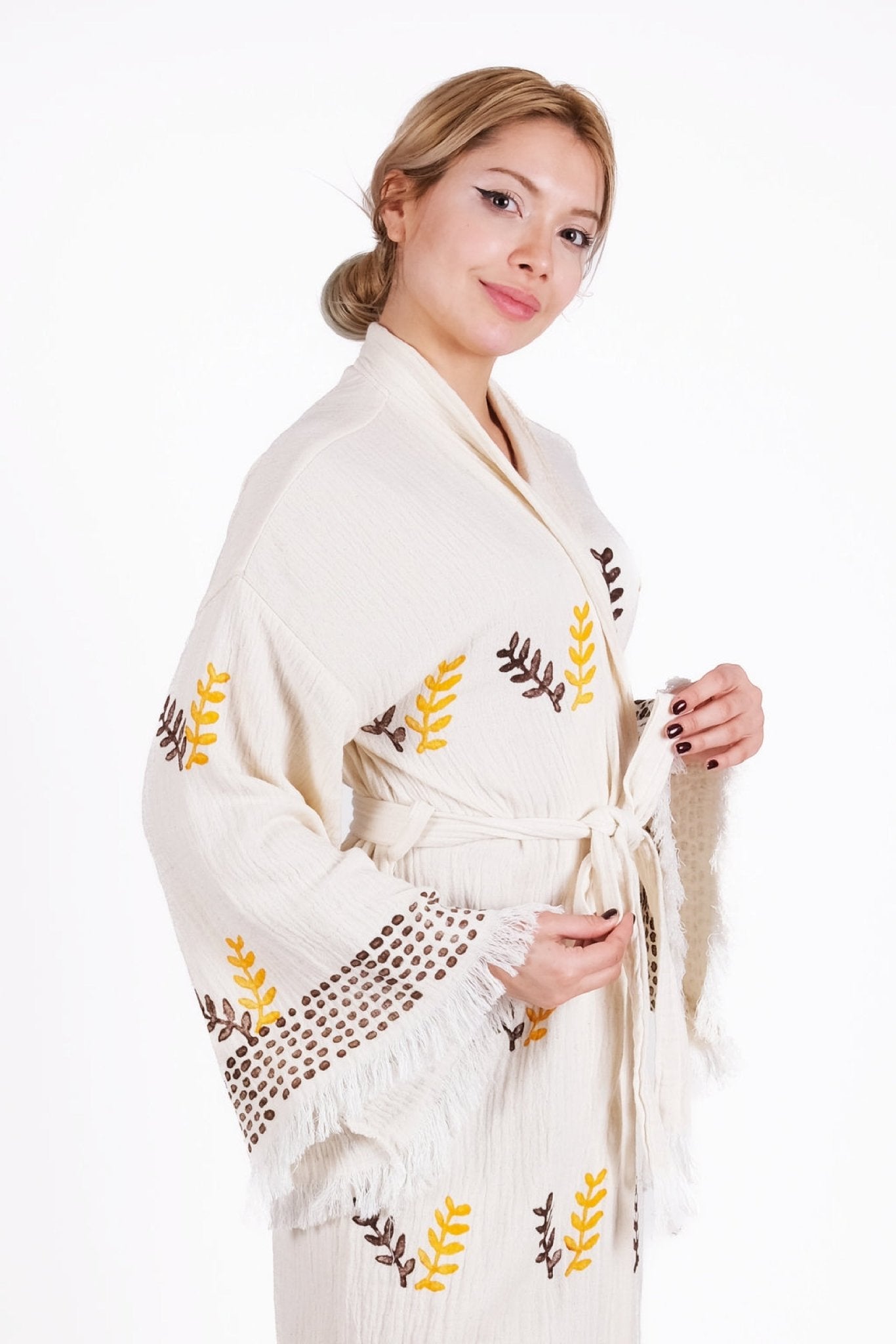 ZEYTİN DALI | El İşçiliği Premium Pamuk Kimono | %100 pamuk müslin | el baskı desen | Buldan Culture