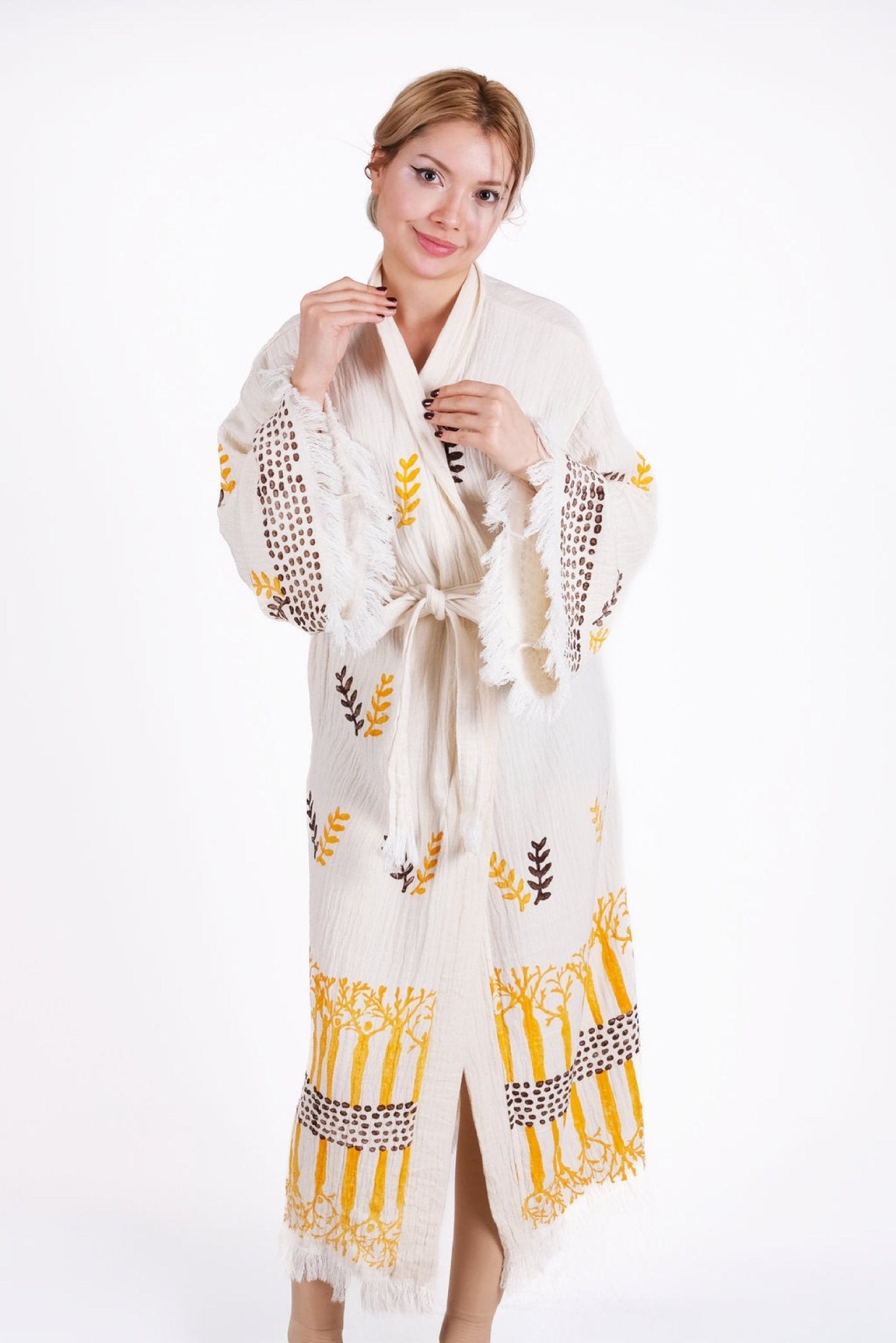 ZEYTİN DALI | El İşçiliği Premium Pamuk Kimono | %100 pamuk müslin | el baskı desen | Buldan Culture