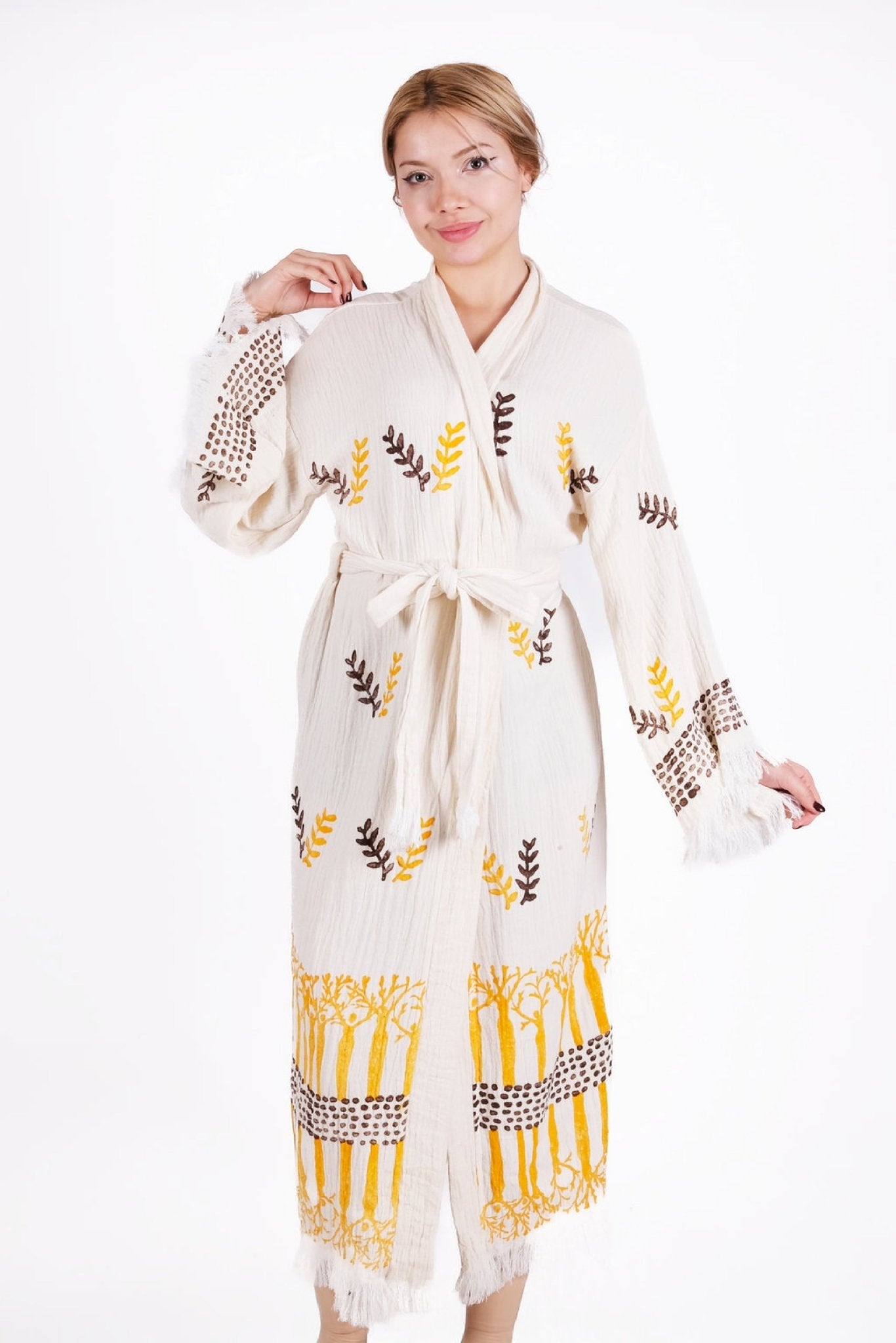 ZEYTİN DALI | El İşçiliği Premium Pamuk Kimono | %100 pamuk müslin | el baskı desen | Buldan Culture